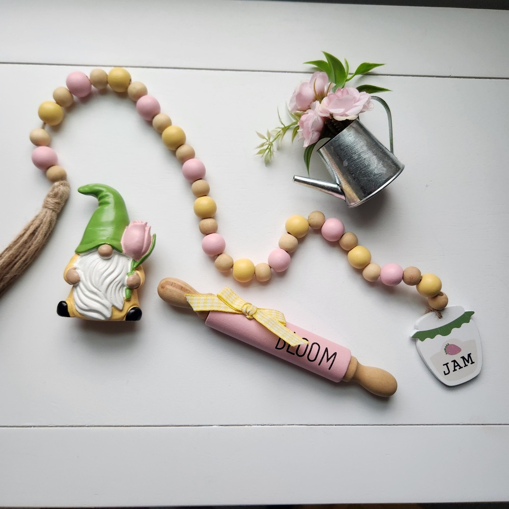 Miniature Decor Set Gnome Wood Bead Garland Bloom Rolling Pin 4pc Bundle